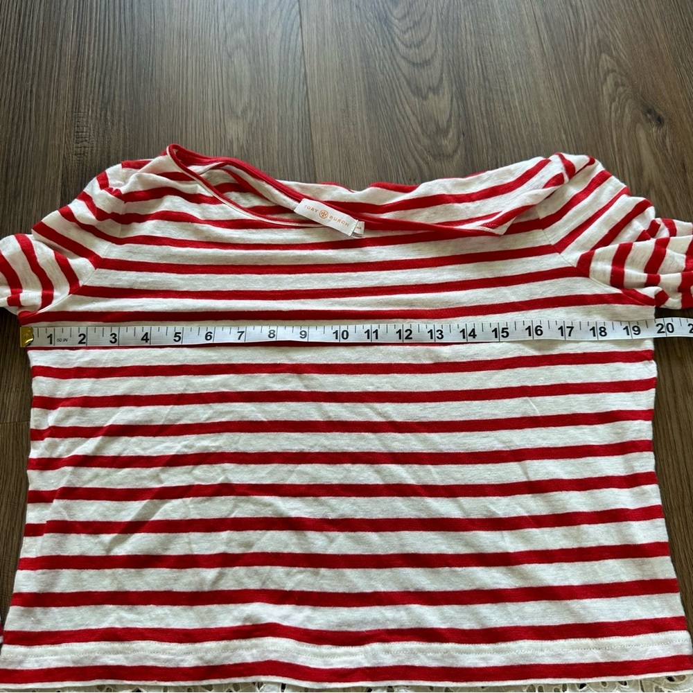 TORY BURCH Womens Linen Striped Top Blouse Medium Eyelet Lace Hem Red Layered - Picture 6 of 7